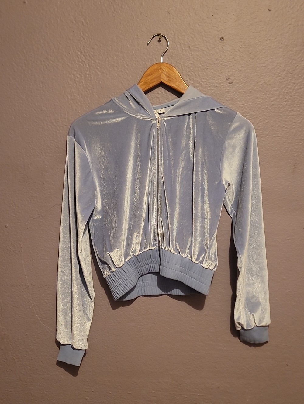 Topshop Light Blue Velvet Hooded Bomber Jacket